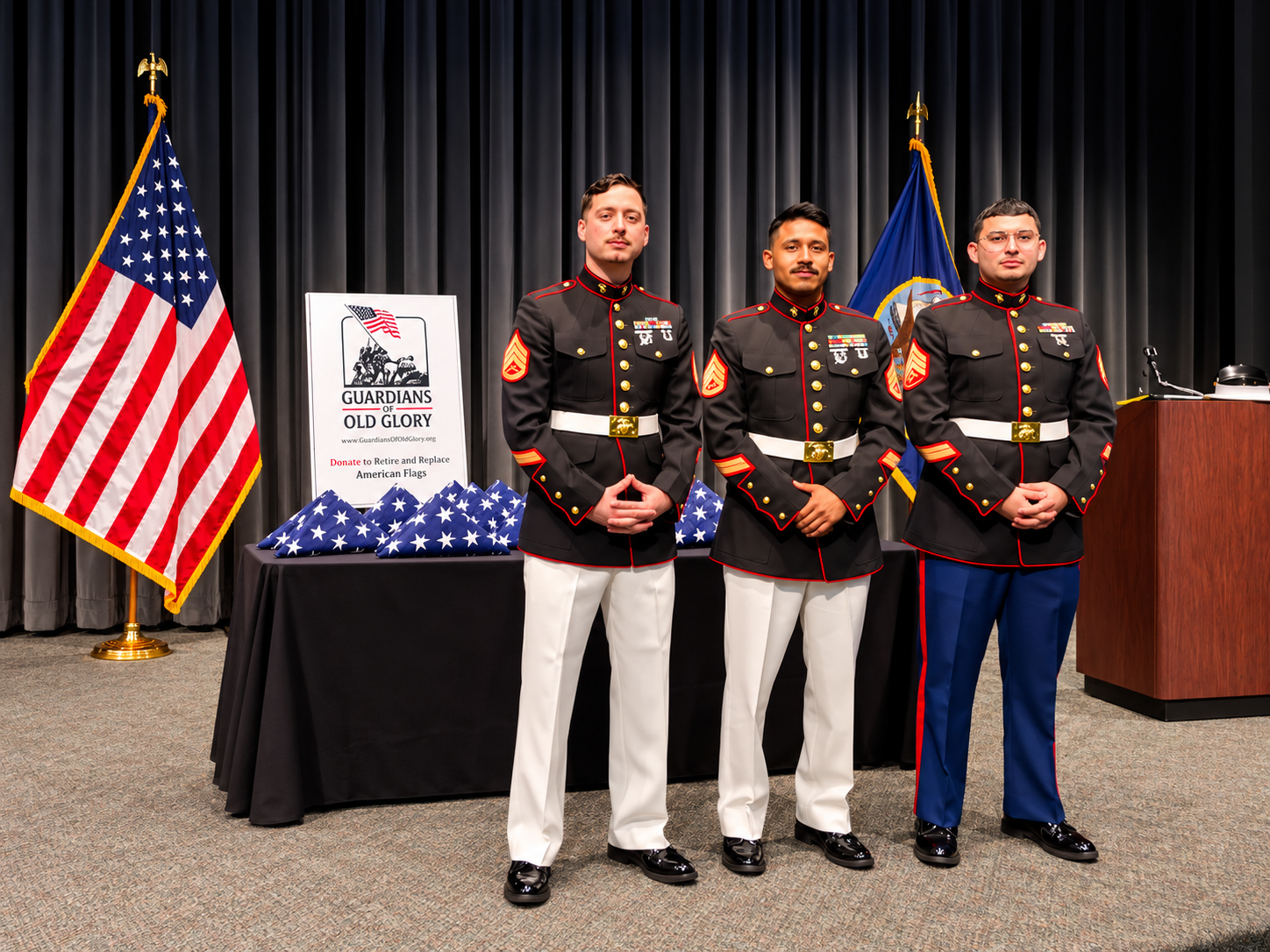 Staff Sergeant Urbina, Staff Sergeant Lugo, and Sergeant Gonzalez at the Guardians of Old Glory ceremony
