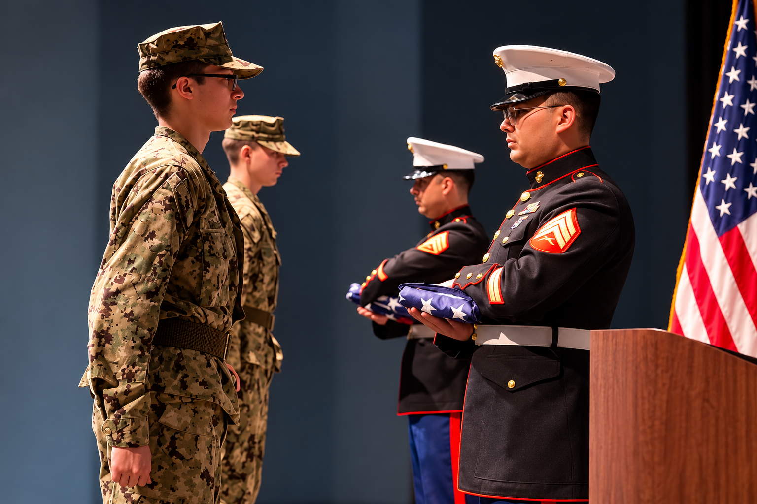 U.S. Marines presenting folded American flags to Sea Cadets in Keyport, Washington